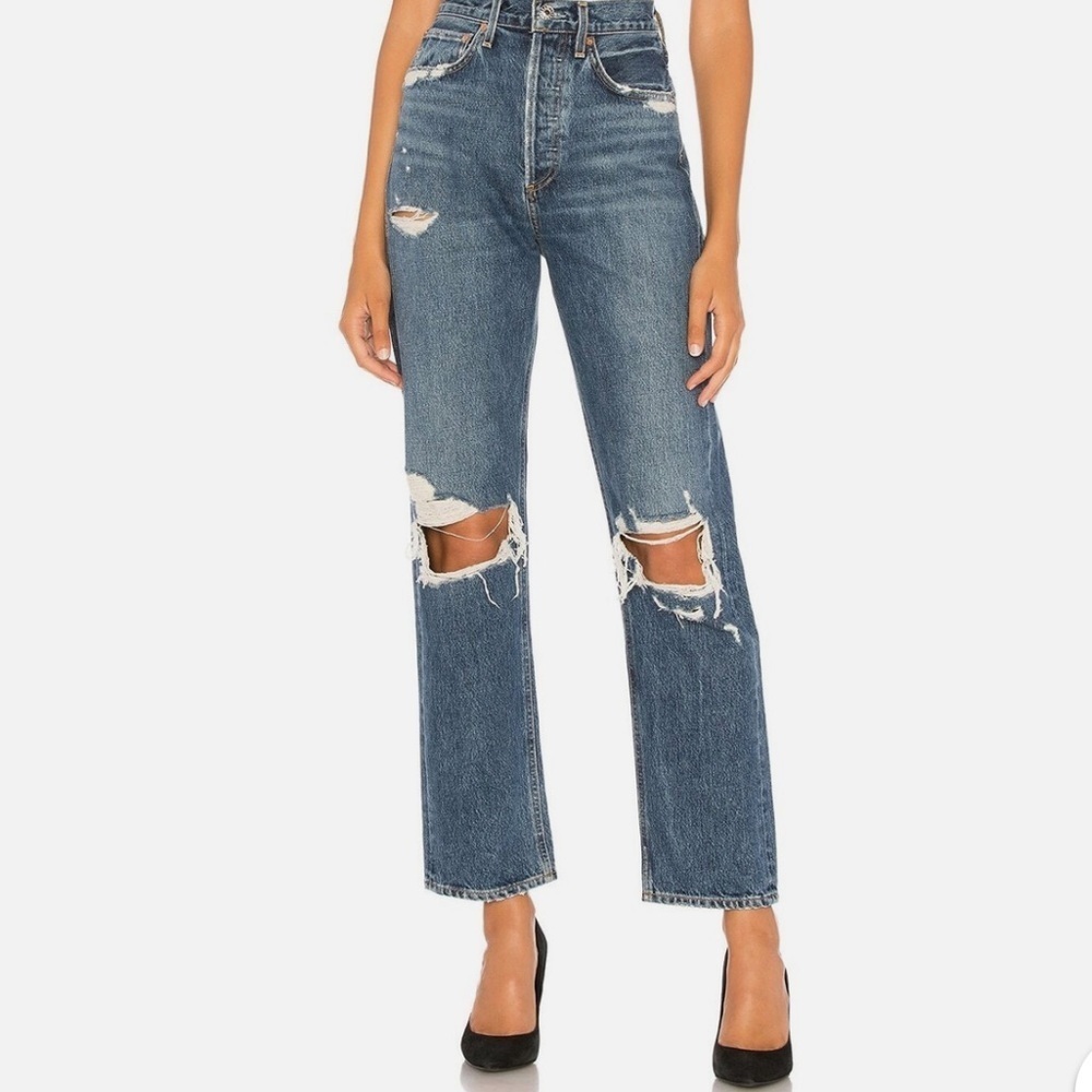 Agolde Womens 90s High Rise Loose Fit Distressed Blue Jeans Psyche Wash Size 27 - Picture 2 of 15